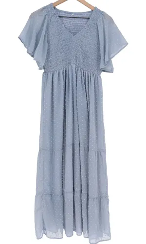 Womens Dusty Blue Swiss Dot Smocked Maxi Dress Boho Flutter Sleeve Tiered M thumbnail 1