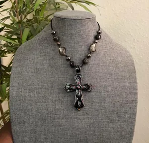 Y2K Whimsygoth Gothic Black silver multicolored beaded Large cross necklace pendant charm #boho #hippie #indie #whimsigoth #festival thumbnail 1