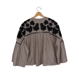 Free People Embroidered Striped Bell Sleeve Boho Blouse Beige Black Large thumbnail 3