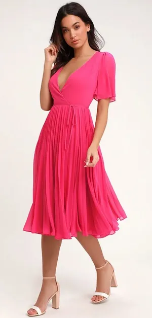 Lulus Pleats to‎ Meet You Fuchsia Pink Pleated Midi Wrap Dress Size Small NEW thumbnail 1