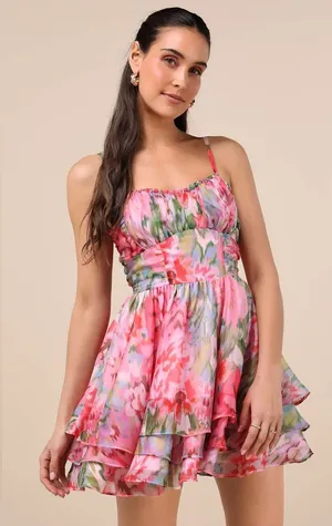 Lulus Evonne Pink Abstract Floral Tiered Mini Skater Dress thumbnail 1