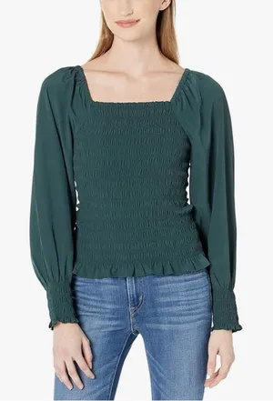 MADEWELL Womens Size-XL Lucie Bubble‎ Sleeve Smocked Top Dark Green $88 thumbnail 1