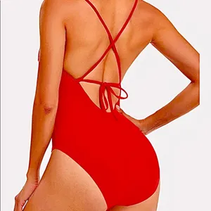NWT Tempt Me One Piece Red Swimsuit / MEDIUM /Scoop Neck / Back Criss Cross tie. thumbnail 4