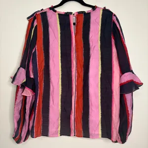 TCEC Anthropologie Ruffle Striped Blouse Womens Size‎ L Long Sleeve Top thumbnail 5
