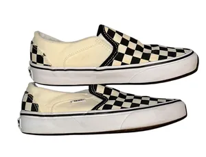 Vans cream and black canvas checkered sneakers thumbnail 3