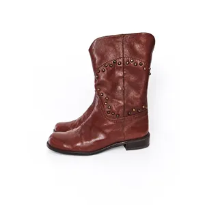 Stuart Weitzman Cognac Brown Leather Studded Western Mid-Calf Boots Womens 7M thumbnail 3