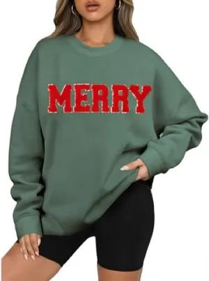 “Merry” holiday/christmas green & red crewneck pullover thumbnail 1