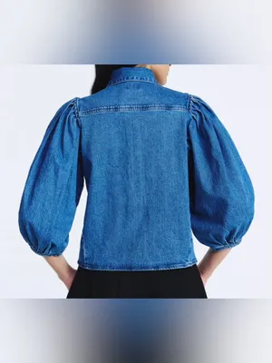 Scoop 3/4 Puff Sleeve Medium Wash Denim Shirt Small NWT thumbnail 2
