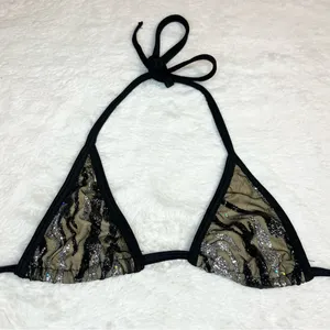 Black Mesh Silver Glitter Sequin Tiny Triangle String Bikini Top Size Small thumbnail 1
