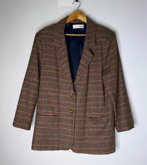 paris sports club‎ Oversized Brown Plaid Wool Double Button Blazer Size Large thumbnail 1