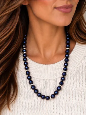 Estate Sterling Silver Dark Blue /Purple Freshwater Pearl Necklace STUNNING thumbnail 1