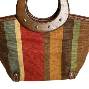Fossil Multi Colored Striped Leather Trim Wood Handle Satchel Purse thumbnail 2