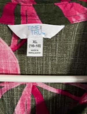 Time and Tru Olive Button-Front Shirt with Hot Pink Leaf Print thumbnail 3