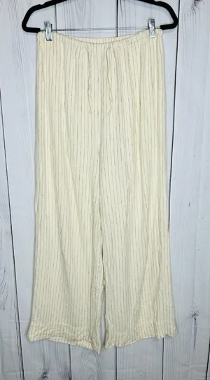 WE WORE WHAT Womens Sz M Cream Striped Drawstring Waist Wide Leg Linen Pants thumbnail 1