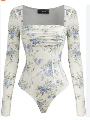 Cider Blue Floral Corset Style Long Sleeve Bodysuit Cream Size M NWT thumbnail 1