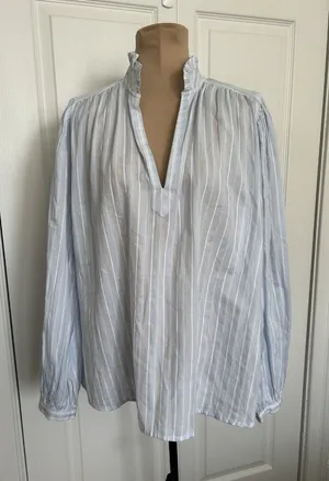 Madewell $98 Ruffled Popover Long Sleeve Top Stripe Blue Cotton Blouse Size M thumbnail 1