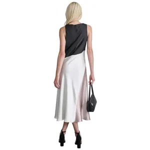DKNY Satin Colorblocked Slip V Neck Midi Dress Black / Cloud / Eggshell 16 thumbnail 9
