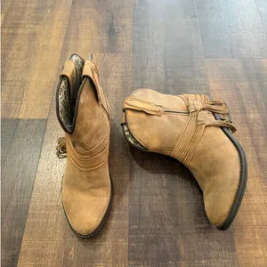 Laredo Western Ankle Boots Tan Suede Leather Size 8M Fringe Strap Cowboy Booties thumbnail 5