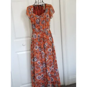 Madewell Sheer-Sleeve Button-Front Midi Dress in Gathered Blooms Rust Size 12 thumbnail 2