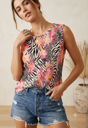 Vtg 90s Sleeveless Floral Zebra Print Tank Top Size XL Slinky Going Out Top thumbnail 1