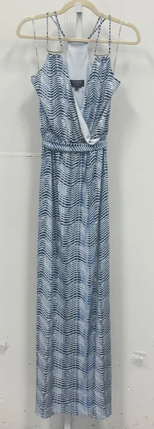 Guess Blue White Wavy Abstract Print Halter‎ Maxi Dress XS Wrap Front Tie Waist thumbnail 1