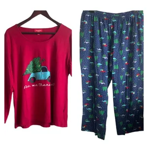 Christmas PJs Set Women 1X Red Long Sleeve Holiday Novelty Print Lounge Festive‎ thumbnail 1