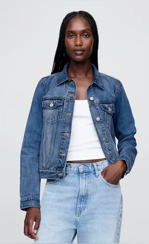 GAP Women's Icon Denim Trucker Jacket Medium Indigo Wash Stretch Size XL thumbnail 1