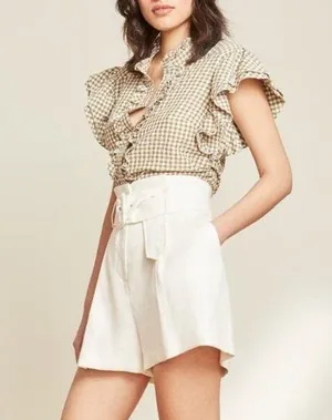 💙💖 Veronica Beard Tenille Ruffle Sleeve Shirt in Olive/White thumbnail 1