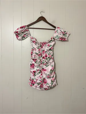 Hello Molly Find An Oasis Mini Dress Pink Floral Puff Sleeve Ruched Size M NWT thumbnail 3