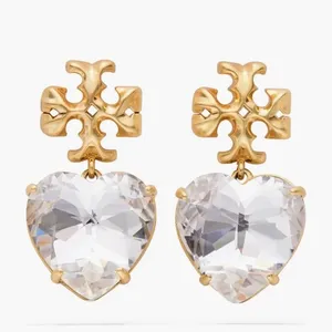 Tory Burch Kira Crystal faceted heart drops hanging from TB logo studs thumbnail 1