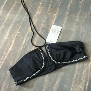 NWT Zara Black Satin‎ Diamond Encrusted Halter Top Size Small thumbnail 1