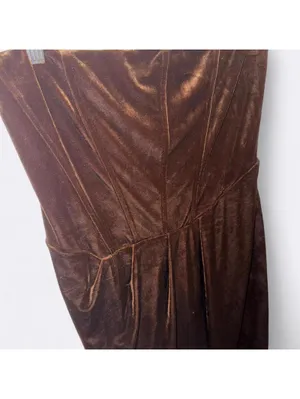 Express velvet strapless corset asymmetrical midi sheath dress in espresso color thumbnail 4