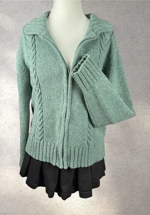 VTG Cabela's Cable Knit Full-Zip Cardigan Women's L Teal Cozy Grandpa Cabincore thumbnail 1