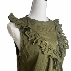 J.Crew Eyelet Lace Ruffle Blouse Tank Small Olive Green Cottage Peasant Boho thumbnail 2