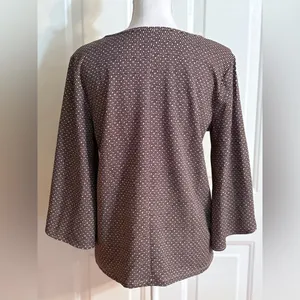 Ann Taylor Womens Blouse Brown Stretch Geometric Long Split Hem Sleeve Top M thumbnail 4