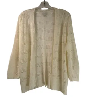Charter Club Womens XL Ivory Pointelle Knit Open Front Cardigan Striped Sweater thumbnail 1