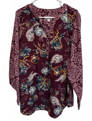 Denim & Company Burgundy Floral Paisley Print Color Block Blouse Plus Size 2X thumbnail 1