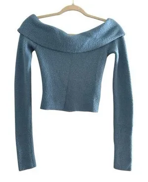 American Eagle Blue Off The Shoulder Long Sleeve Cropped Fuzzy Soft Sweater thumbnail 1