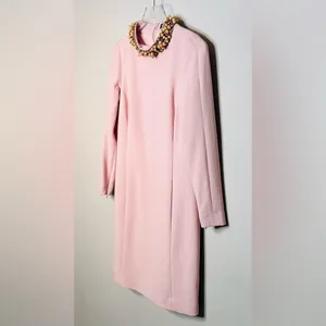 Worth Blush Pastel Pink Beaded Collar Wool Blend Shift Long Sleeve Dress thumbnail 4