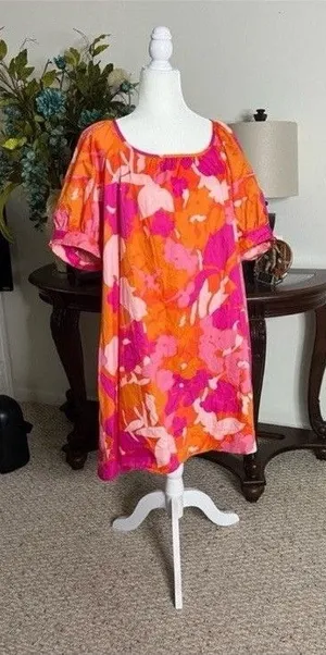 Free Assembly Floral Puff Sleeve Dress XL Pink Orange Open Tie Back With Pockets thumbnail 1