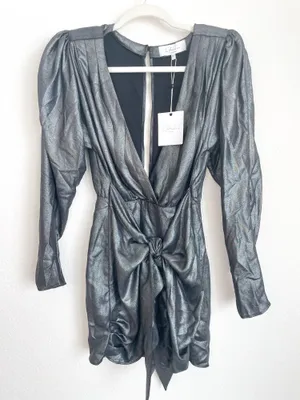 L'Academie The Dore Silver Front Tie Long Sleeve Mini Dress thumbnail 7
