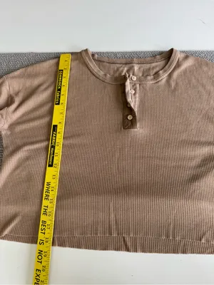 American Eagle Outfitters Tan Waffle Knit Henley Long Sleeve Top Size Large thumbnail 6