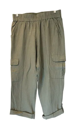 Eddie Bauer Womens Small Capri Cargo Pants Olive Green‎ Linen Blend Roll Cuff thumbnail 1