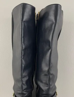 Michael Kors Black Leather Gold Hardware Buckle Arley Knee High Riding Boots thumbnail 12