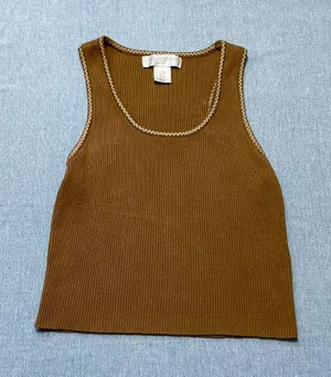 Caroline Constas New York Ribbed Checkered Trim Tank Size XS in Brown thumbnail 1