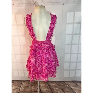 Fate Pink White Paisley V-Neck Chic Ruffle Tiered Sleeveless Mini Dress Small thumbnail 5
