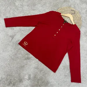 Lauren Ralph Lauren Henley Top Shirt Longsleeve Cotton Logo Embroidery in Red L thumbnail 2