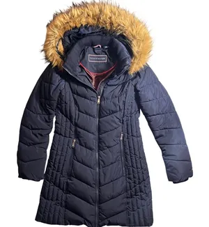 Tommy Hilfiger Women Puffer Coat Navy Blue Faux‎ Fur Hood Winter Warm XS thumbnail 1