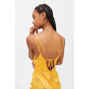 Urban Outfitters Golden Sun Print Deep V-Neck Sleeveless Ruched Slip Midi Dress thumbnail 2