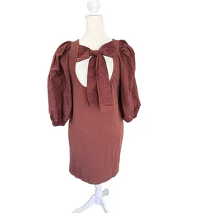 Nation LTD Calissa Brown Cotton Puff Sleeve Open Back Bow Mini Dress NWT XS thumbnail 9